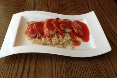 Roast Pork on Fried Rice with Barbecue Sauce